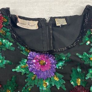 Vintage Laurence Kazar Black Top with Vibrant Sequin Floral Design